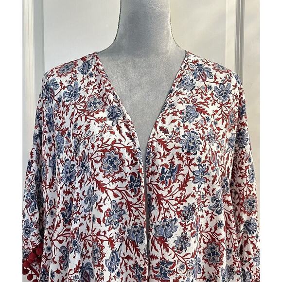 Umgee Red Floral Open Front Kimono Size S/M Tassels July 4 - Picture 2 of 7
